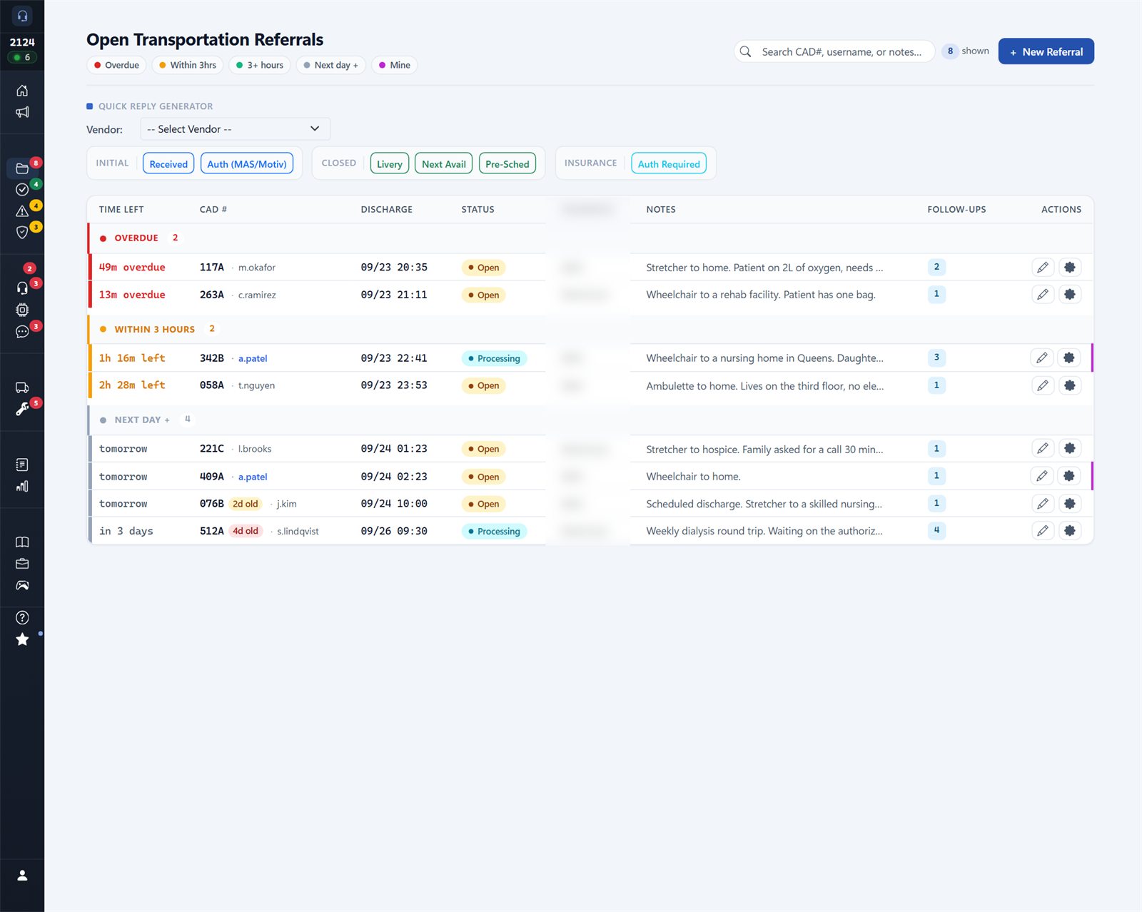 Open transportation referrals grouped into overdue, within 3 hours and next day, each with a countdown, discharge time, status and follow-up count.